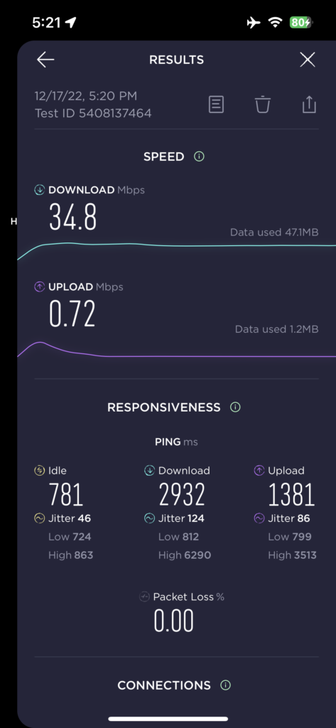 Screenshot of a speedtest, with a download speed of 34.8 Mbps