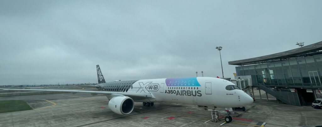 Airbus A350 Airspace Explorer testbed aircraft parked at the Airbus facility in Toulouse, waiting for journalists to board