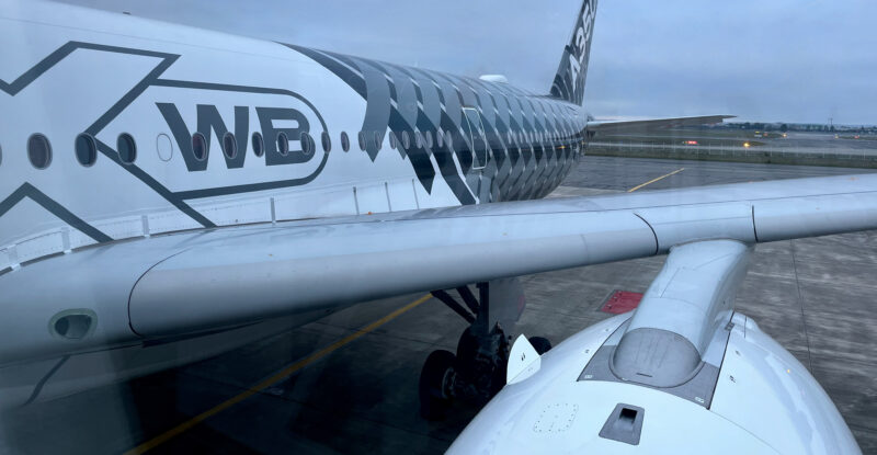 Airbus A350 Airspace Explorer testbed aircraft parked at the Airbus facility in Toulouse, waiting for journalists to board