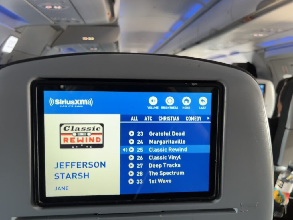 Sirius XM radio on JetBlue seatback IFE screen.