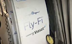 JetBlue aircraft with Viasat Fly-Fi signage on it, as seen whilst boarding the aircraft.