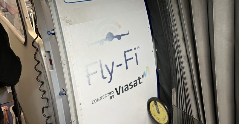 JetBlue aircraft with Viasat Fly-Fi signage on it, as seen whilst boarding the aircraft.