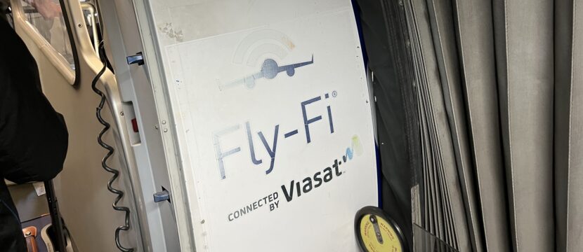 JetBlue aircraft with Viasat Fly-Fi signage on it, as seen whilst boarding the aircraft.