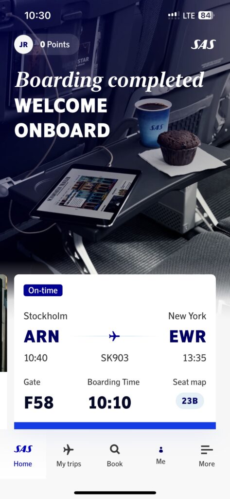 Screenshot of an update from the SAS app. This page is displaying the boarding pass from ARN to EWR.