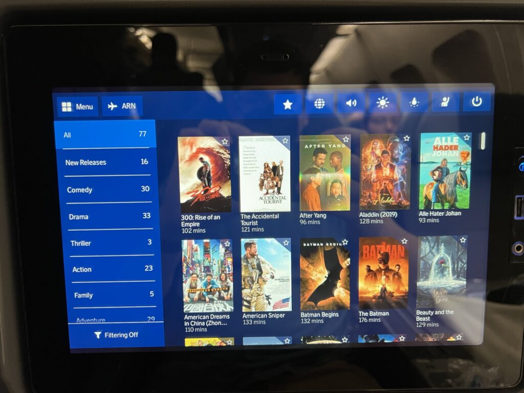 Seatback IFE screen is showing the content selection for SAS passengers.