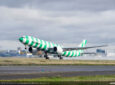 A new Condor A330neo taking off. This particular aircraft has the green striped livery.