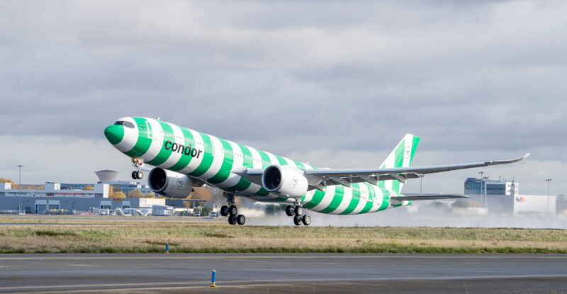 A new Condor A330neo taking off. This particular aircraft has the green striped livery.