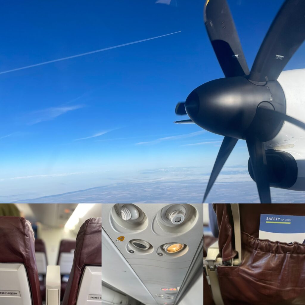 Horizon Air propeller and images of various parts of the cabin. 