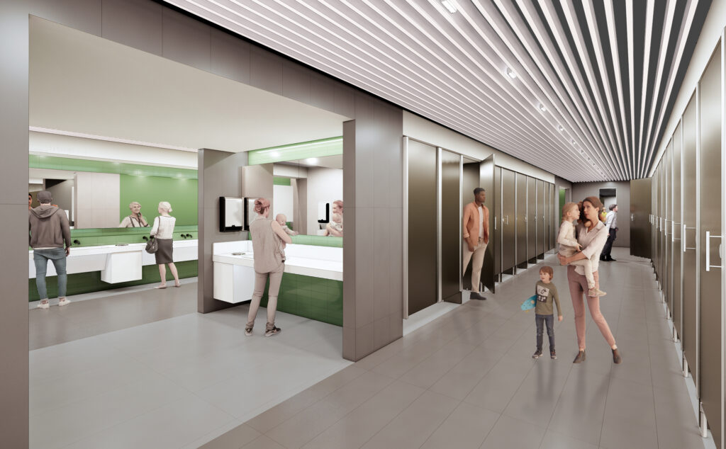 Rendering of all gender bathroom at Kansas City International (MCI) terminal.