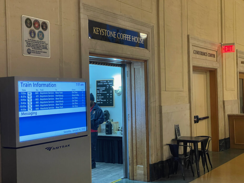 Entryway into LNC's "Keystone Coffee House". A digital display is next to the coffee shop.