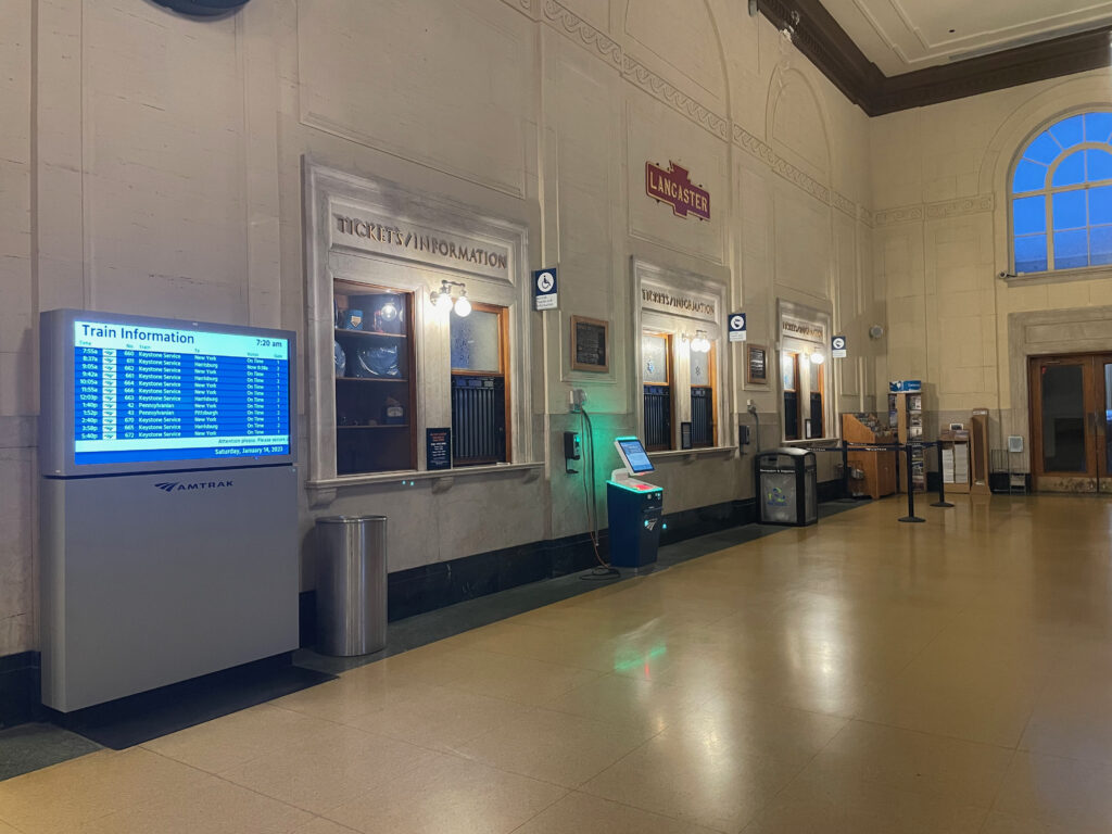 Inside the LNC train station where you will find a digital kiosk fas well as live agents.