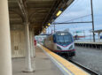 Amtrak train arriving at LNC station.