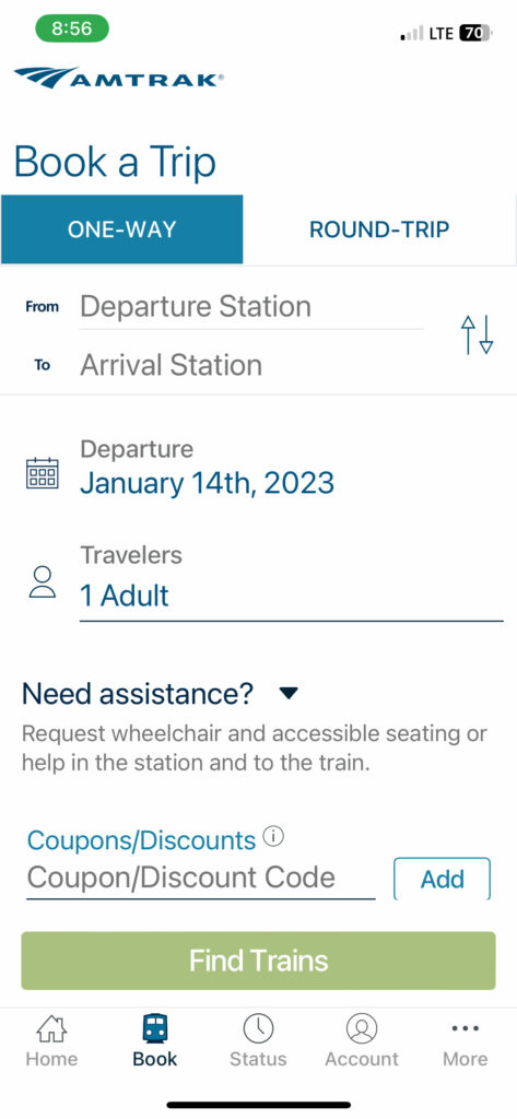 Screenshot of the Amtrak booking app.