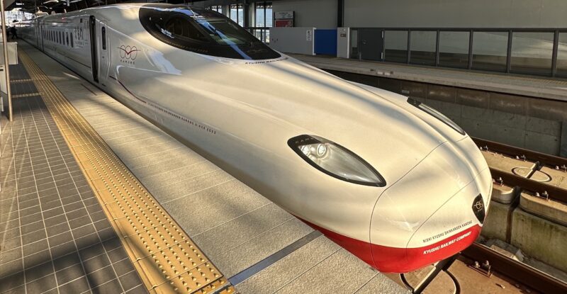 The Shinkansen head as it pulls into the station.