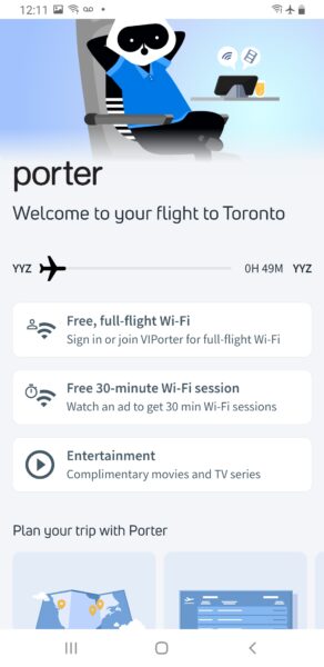 Landing page for Porter's inflight connectivity, displaying "free, full-flight Wi-Fi" for all VIPorter members, and free 30-minute Wi-Fi sessions supported by advertising. 