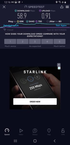 Speedtest screenshot showing a 58.9 Mbps download speed and a .91 Mbps upload speed. An ad for Starlink plays within the Ookla speedtest ecosystem.
