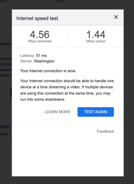 Screenshot of the Wi-Fi speed test, showing a 4.56 Mbps download speed and 1.44 Mpbs upload.