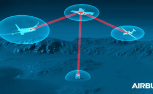 A graphic of a beacon on terrain and then connecting red lines to a satellite and two aircraft.