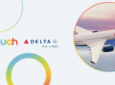 Touch and Delta logos are on a white background. Various circles in multiple colours surround it. One circle has the image of a Delta aircraft in-flight.