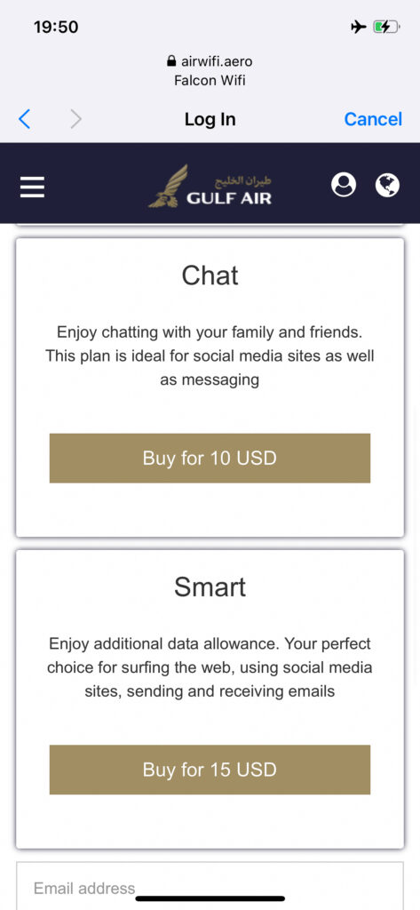 A screen shot of the Gulf Air Wi-Fi pricing.