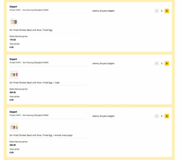 A screenshot of Nok Air's meal pricing