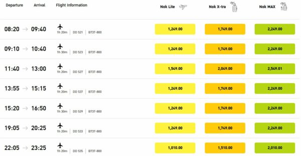 A screenshot of the various times Nok Air runs the Phuket-Bangkok route