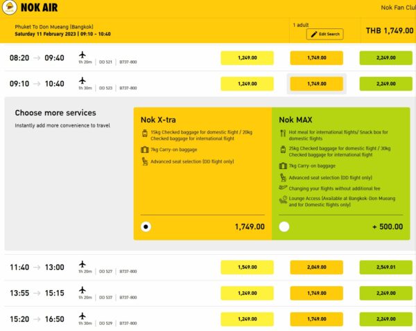 A screenshot of what's included in Nok Air's bundles.