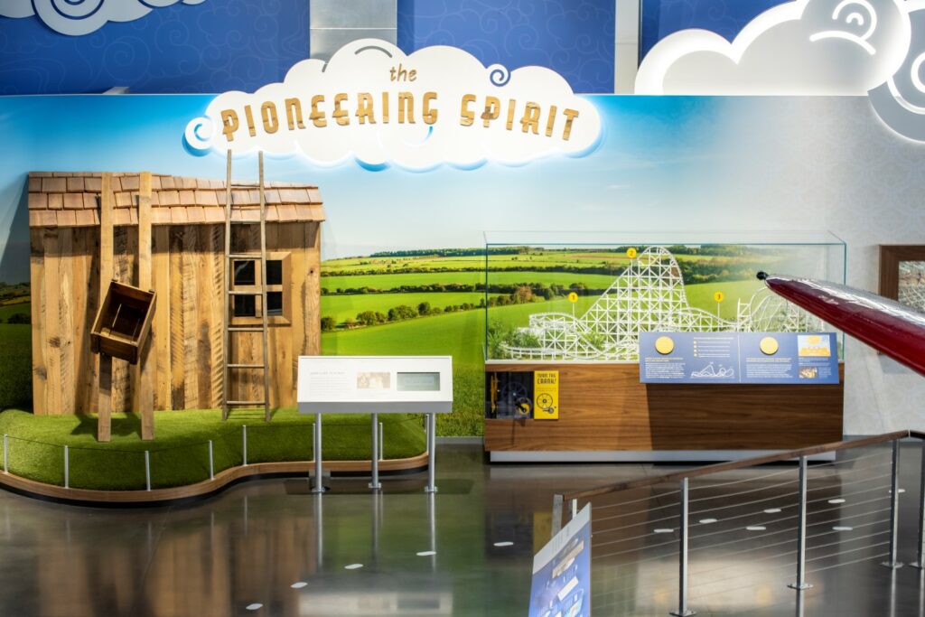 The Pioneering Spirit roller coaster station is pictured. It explains how Amelia built her own coaster. Image: Dimensional Innovations/The Amelia Earhart Hangar Museum