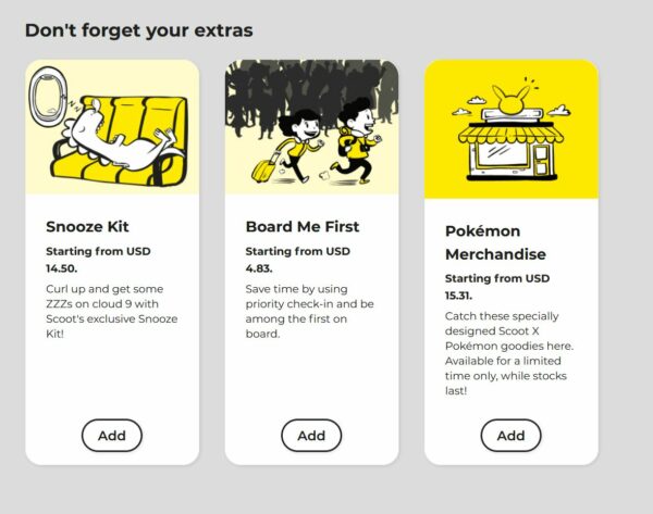 A screenshot during the booking process for Scoot where passengers can add extras like a sleep package, early boarding and Pokémon keepsakes.