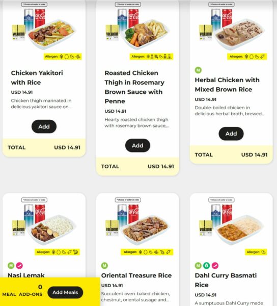 A screenshot of Scoot's pre-order meal choices including various bundles including a hot dish and a beverage.