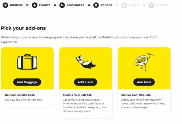 A screenshot of the booking process for Scoot where passengers can pick their add-ons.