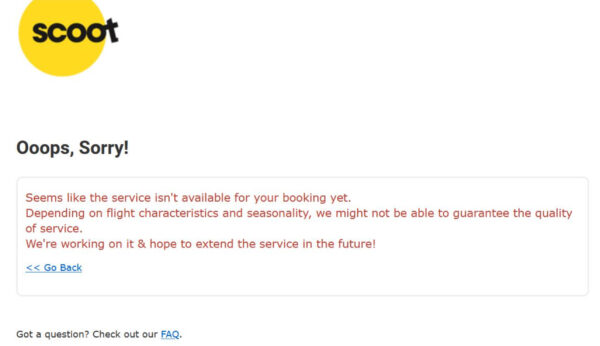 Screenshot of Scoot's website informing the passenger that "ooops, sorry!" the option of buying out the seat triple was not available for the author's booking. 