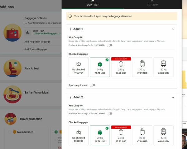 A screen shot of the baggage weight and fee page during the booking process for Thai AirAsia.