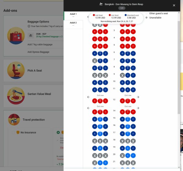 Seating map during the booking process for Thai AirAsia.