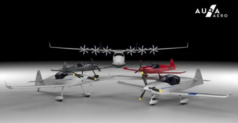 A varitey of hybrid/electric regional aircraft are picture with a black background. Image AURA AERO/Thales