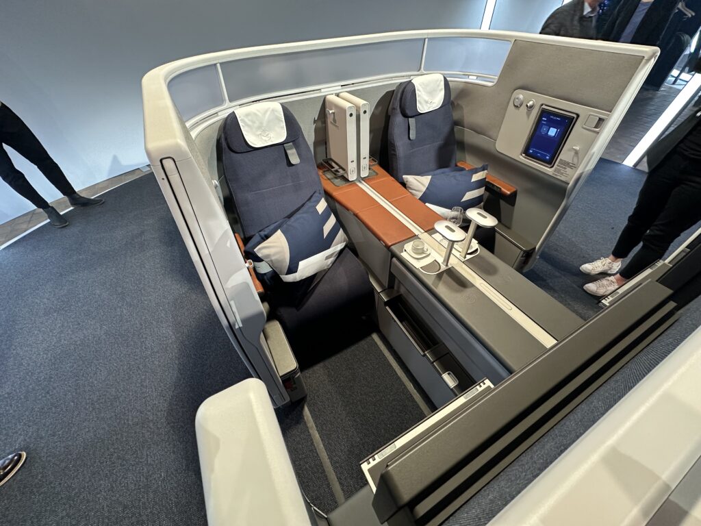 The "training seat" pair of Lufthansa's Allegris business class on display in Berlin