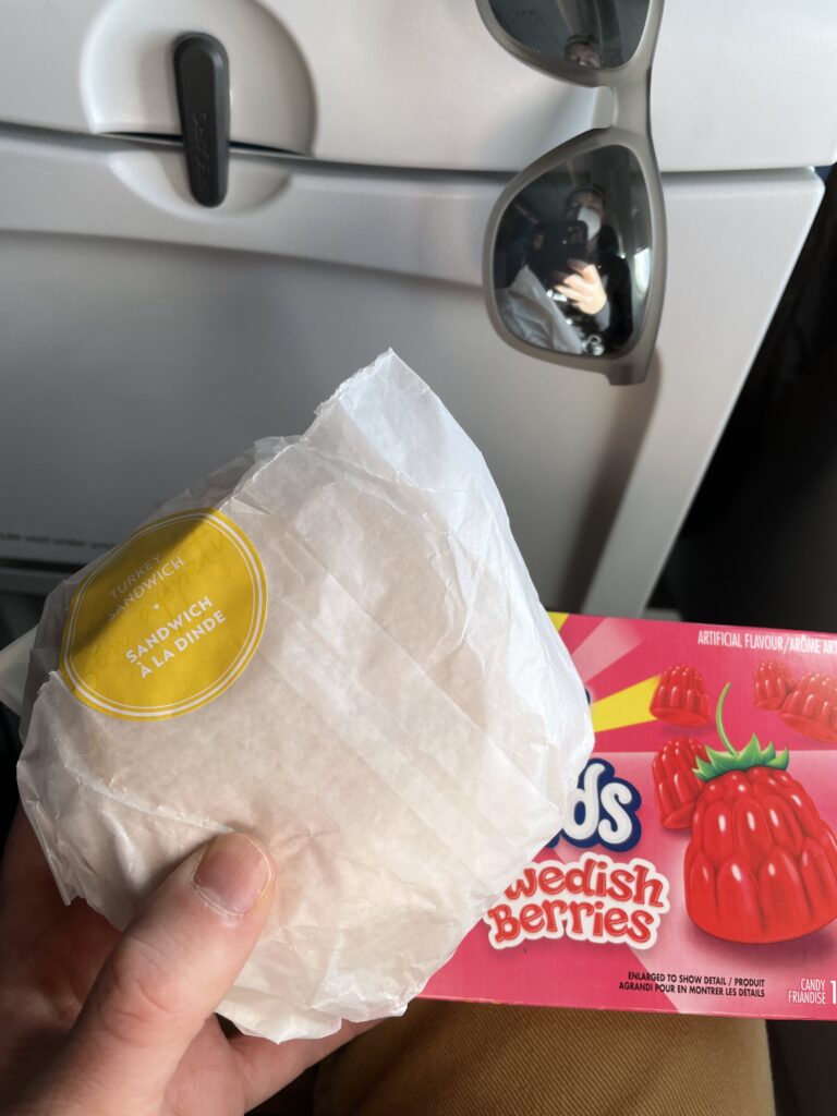 A passenger is holding up a wrapped sandwich and a packet of Swedish Berries Candies.