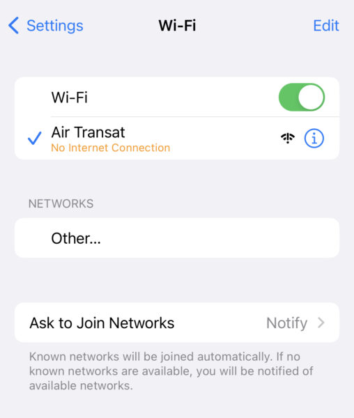 Air Transat Wi-Fi on a mobile device shows no connection.