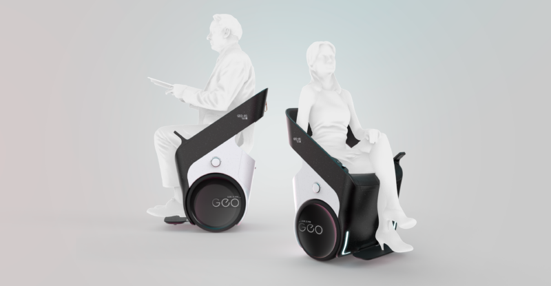 Rendering of two Geo devices with people in them, set against a white backdrop