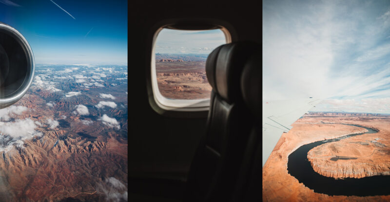 Views from the aircraft are on either side of a window seat image.