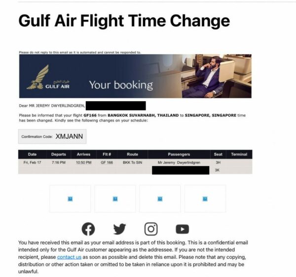 A screen shot of an email announce a flight time change/delay.