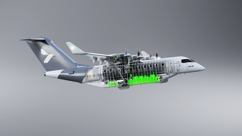 Heart ES-30 Battery System being shown on a rendering of an aircraft.