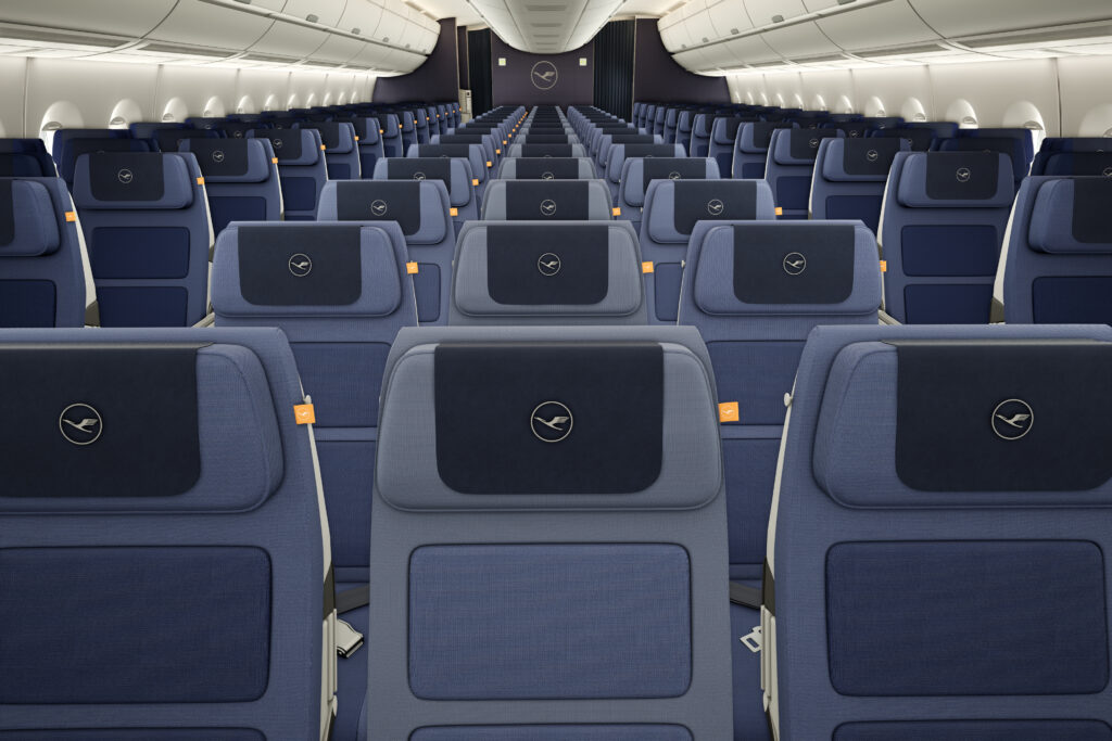 Lufthansa Allegris Economy class is all navy with a darker blue head rest and grey details.