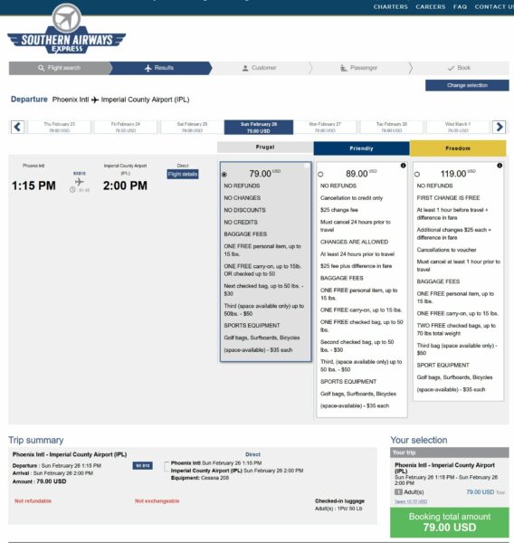 A screenshot of the Southern Airway Express booking website.