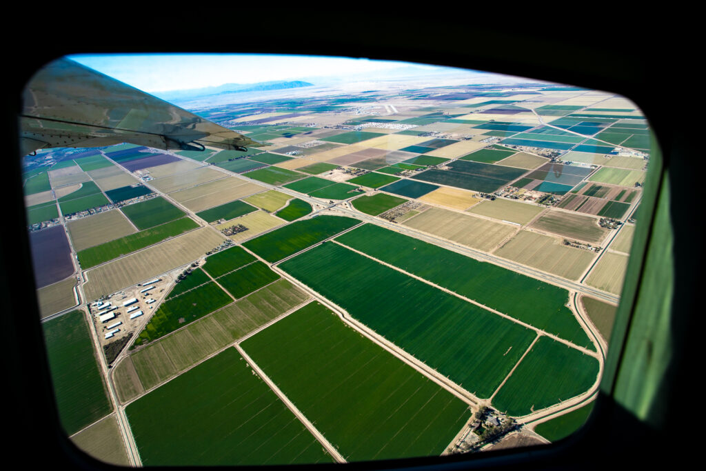 A picturesque view from the aircraft window shows green fields. 