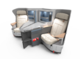 A rendering of the Venture business class seat by Jamco. The seat is cream with grey thermoplastics.
