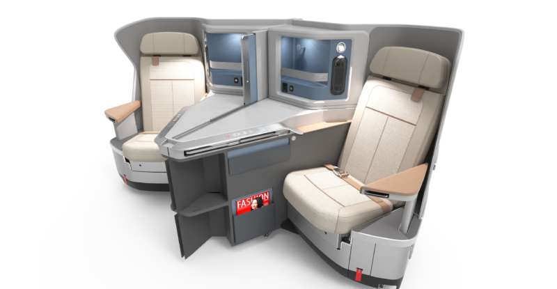 A rendering of the Venture business class seat by Jamco. The seat is cream with grey thermoplastics.