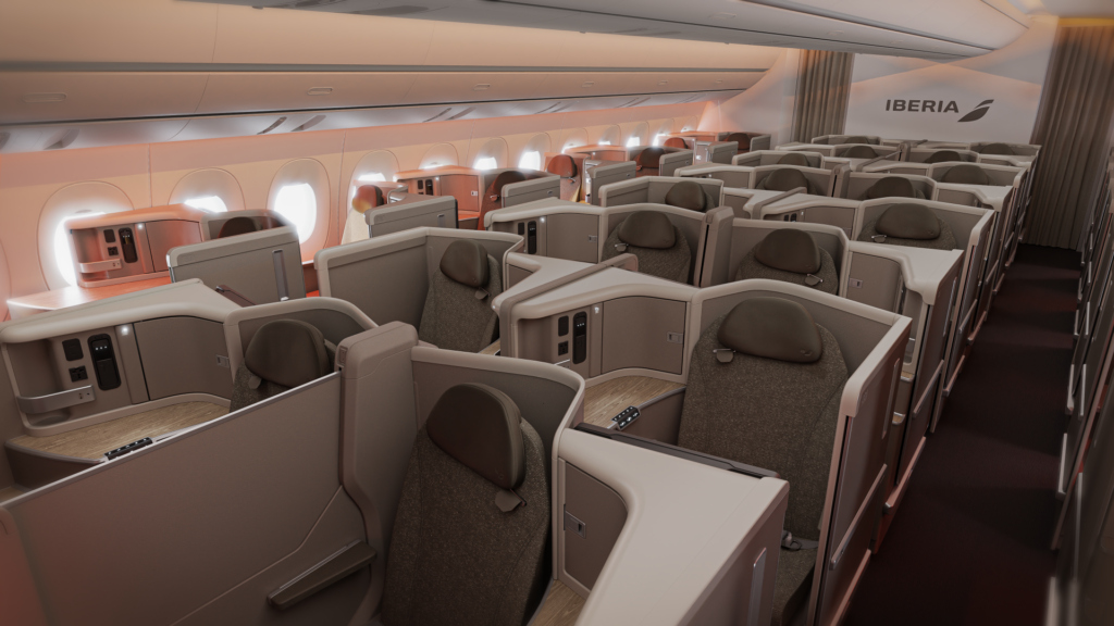 Iberia business class cabin is various shades of beige.