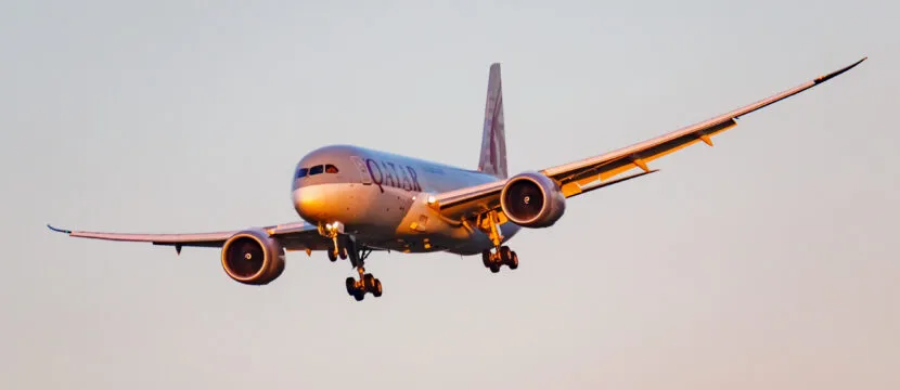 Qatar Airways Boeing 787-8 Dreamliner landing at Domodedovo international airport in Moscow on a nice evening. The aircraft is fitted with Thales IFEC hardware.