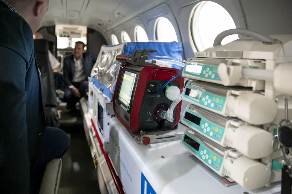 Various neonatal medical equipment inside the King Air.